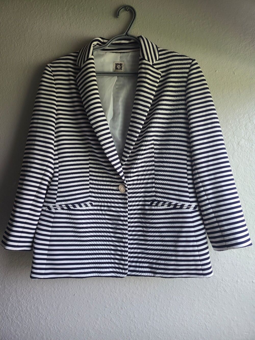 ​Anne Klein Navy Blue White Striped Blazer Jacket M|Marine Nautical Business Cas